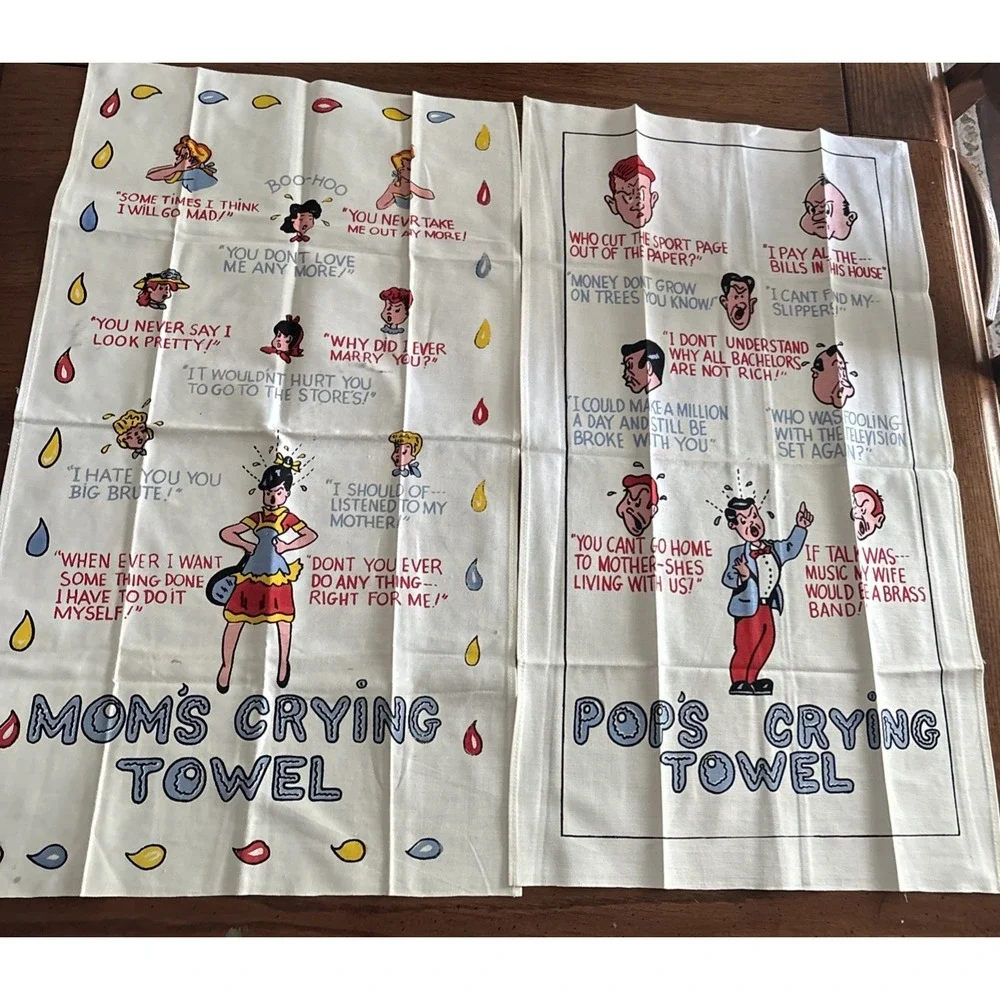 Funny Vintage Couple's Towel Set Mom's Pop's Crying Towel MCM  Novelty Joke